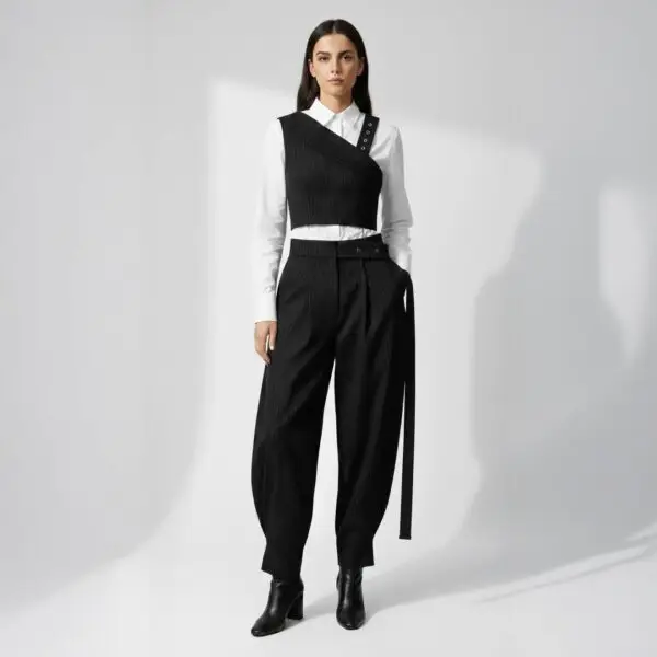 Pinstripe Asymmetric Crop Top & Wide-Leg Trouser Set